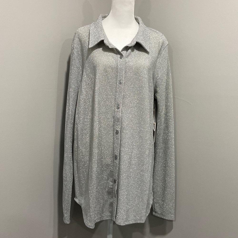 NWT Good American Sparkle Button Down Long Sleeve Shirt Size 4 (X-Large) Silver
